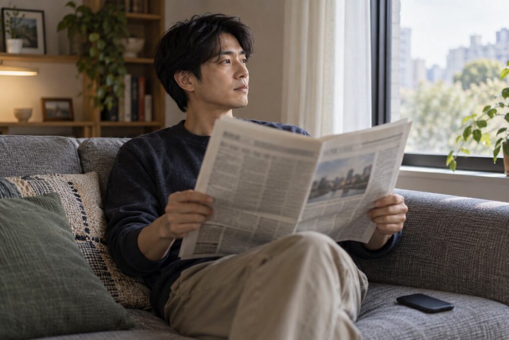 年輕讀者閱讀新聞後停下來思考