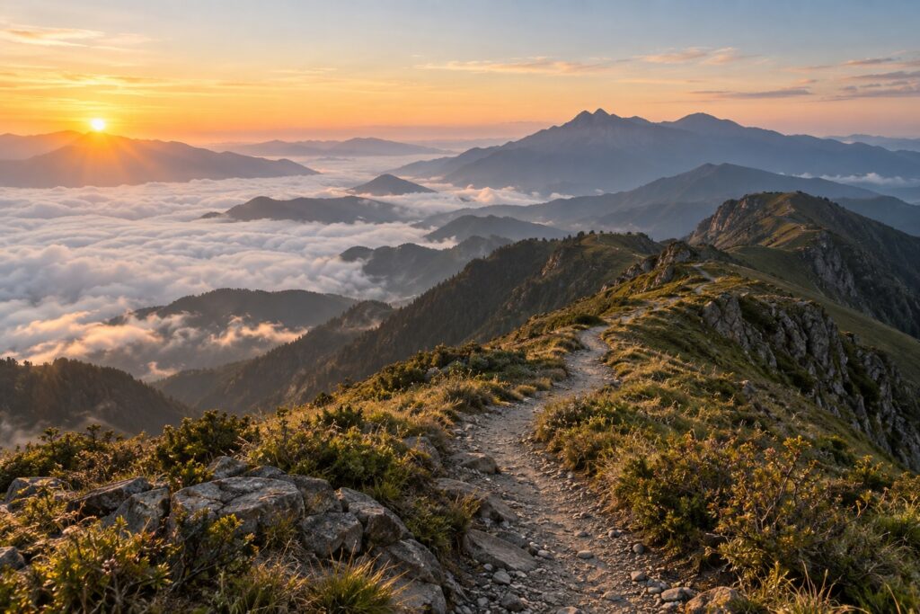 晨光下的山徑與雲海